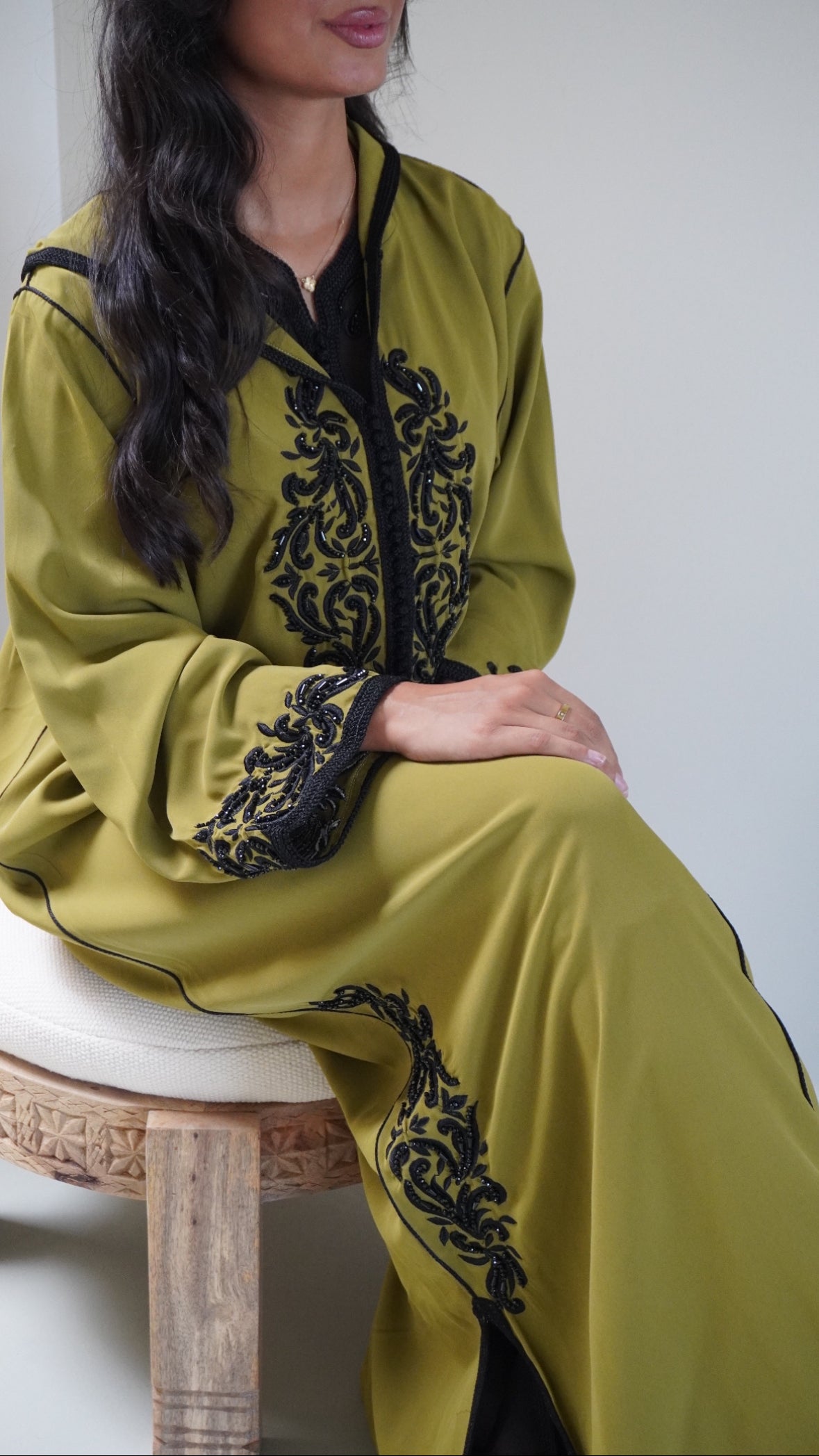 Two Piece Khaki Black Jellaba with Pearls