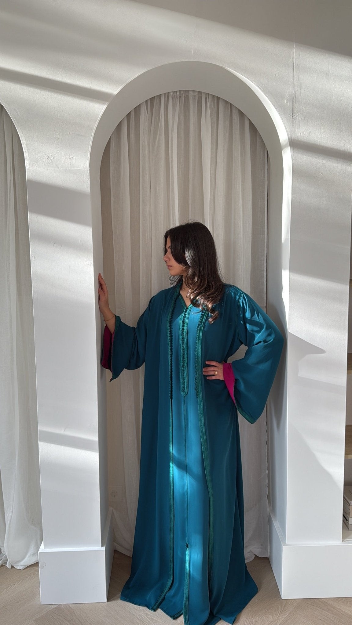 Two-Piece Turquoise x Fuchsia Kimono Qaftan Set