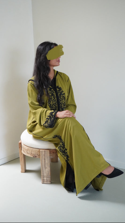 Two Piece Khaki Black Jellaba with Pearls